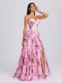 A-line Sweetheart Cascading Ruffles Sweep Train Corset Porm Dress