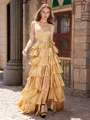 A-line Straight Cascading Ruffles Sweep Train Silk Like Satin Corset Porm Dress