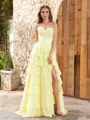 A-line Sweetheart Cascading Ruffles Sweep Train Chiffon Corset Porm Dress
