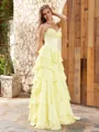 A-line Sweetheart Cascading Ruffles Sweep Train Chiffon Corset Porm Dress