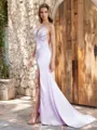 Sheath V-neck Appliques Lace Sweep Train Silk Like Satin Porm Dress