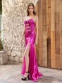 Sheath V-neck Bow Sweep Train Metallic Satin Porm Dress