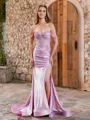 Sheath Off-the-Shoulder Rhinestone Sweep Train Metallic Satin Corset Porm Dress
