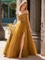 A-line Off-the-Shoulder Appliques Lace Sweep Train Tulle Corset Porm Dress