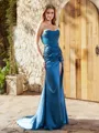 Sheath Sweetheart Pleated Sweep Train Silk Like Satin Corset Porm Dress