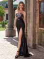 Sheath Straight Appliques Lace Sweep Train Silk Like Satin Porm Dress