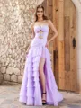 Sheath Sweetheart Cascading Ruffles Sweep Train Tulle Porm Dress