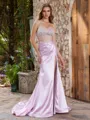 Sheath Straight Rhinestone Sweep Train Silk Like Satin Corset Porm Dress