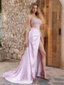 Sheath Straight Rhinestone Sweep Train Silk Like Satin Corset Porm Dress