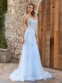 Sheath Spaghetti Straps Appliques Lace Court Train Tulle Corset Porm Dress