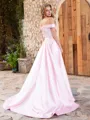 A-line Off-the-Shoulder Ruffles Sweep Train Silk Like Satin Porm Dress