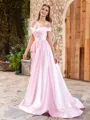 A-line Off-the-Shoulder Ruffles Sweep Train Silk Like Satin Porm Dress