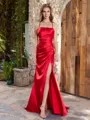 Sheath Spaghetti Straps Pleated Sweep Train Silk Like Satin Porm Dress