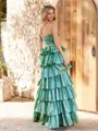 A-line Straight Cascading Ruffles Floor-Length Taffeta Porm Dress