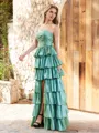 A-line Straight Cascading Ruffles Floor-Length Taffeta Porm Dress