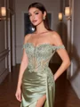 Sheath Off-the-Shoulder Appliques Lace Sweep Train Silk Like Satin Corset Porm Dress