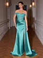 Sheath Off-the-Shoulder Appliques Lace Sweep Train Silk Like Satin Corset Porm Dress