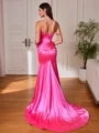 Sheath Off-the-Shoulder Rhinestone Sweep Train Corset Porm Dress