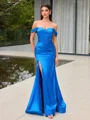 Sheath Off-the-Shoulder Pleated Sweep Train Silk Like Satin Corset Porm Dress