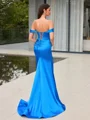 Sheath Off-the-Shoulder Pleated Sweep Train Silk Like Satin Corset Porm Dress