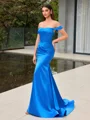 Sheath Off-the-Shoulder Pleated Sweep Train Silk Like Satin Corset Porm Dress