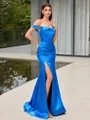 Sheath Off-the-Shoulder Pleated Sweep Train Silk Like Satin Corset Porm Dress