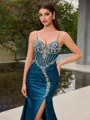 Sheath V-neck Rhinestone Sweep Train Corset Porm Dress