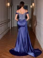 Sheath Cold Shoulder Appliques Lace Sweep Train Silk Like Satin Corset Porm Dress