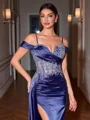 Sheath Cold Shoulder Appliques Lace Sweep Train Silk Like Satin Corset Porm Dress