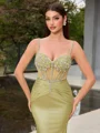 Sheath Straps Rhinestone Sweep Train Corset Porm Dress