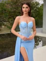 Sheath Spaghetti Straps Appliques Lace Sweep Train Corset Porm Dress