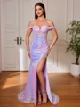 Sheath Off-the-Shoulder Appliques Lace Sweep Train Sequins Corset Porm Dress