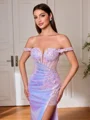 Sheath Off-the-Shoulder Appliques Lace Sweep Train Sequins Corset Porm Dress