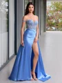 Sheath Off-the-Shoulder Appliques Lace Sweep Train Silk Like Satin Corset Porm Dress