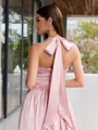 A-line Halter Beading Sweep Train Silk Like Satin Porm Dress