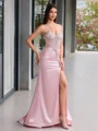 Sheath V-neck Rhinestone Sweep Train Silk Like Satin Corset Porm Dress