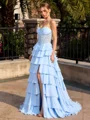 A-line Sweetheart Cascading Ruffles Floor-Length Chiffon Corset Prom Dress