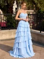 A-line Sweetheart Cascading Ruffles Floor-Length Chiffon Corset Prom Dress