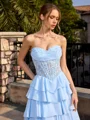 A-line Sweetheart Cascading Ruffles Floor-Length Chiffon Corset Prom Dress