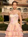A-line Straight Cascading Ruffles Sweep Train Corset Prom Dress