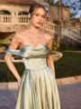 A-line Off-the-Shoulder Pleated Sweep Train Silk Like Satin Prom Dress