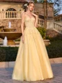 A-line Off-the-Shoulder Appliques Lace Floor-Length Tulle Corset Prom Dress