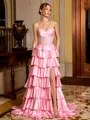A-line Sweetheart Appliques Lace Sweep Train Silk Like Satin Corset Prom Dress