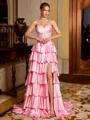 A-line Sweetheart Appliques Lace Sweep Train Silk Like Satin Corset Prom Dress