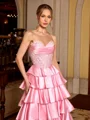A-line Sweetheart Appliques Lace Sweep Train Silk Like Satin Corset Prom Dress
