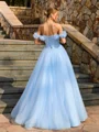 Ball-Gown Off-the-Shoulder Flower Floor-Length Tulle Corset Prom Dress