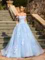 Ball-Gown Off-the-Shoulder Appliques Lace Sweep Train Tulle Corset Prom Dress