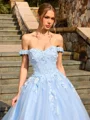 Ball-Gown Off-the-Shoulder Appliques Lace Sweep Train Tulle Corset Prom Dress