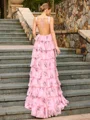 A-line Square Cascading Ruffles Sweep Train Corset Prom Dress