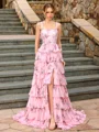 A-line Square Cascading Ruffles Sweep Train Corset Prom Dress